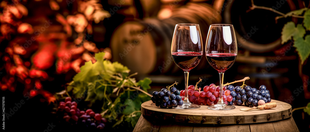 Two glasses of red wine and with a bottle of red wine, bunches of grapes on a wooden barrel in the wine cellar, panorama with copy space, digital ai art	