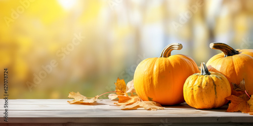 Thanksgiving or autumn scene with pumpkins, autumn leaves on wooden table. Autumn background with copy space. Banner, digital ai art 