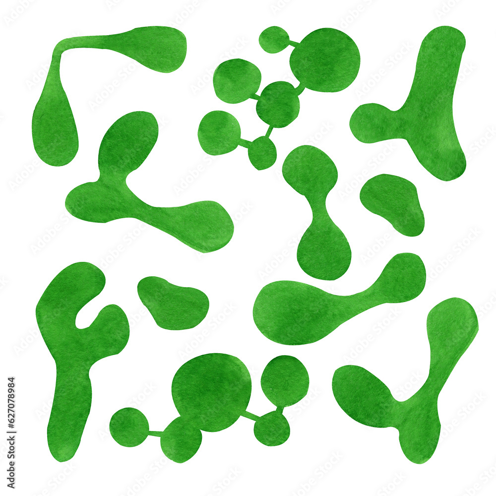 Set of colorful blots. Watercolor green illustrations for fashions. Hand drawn isolated  spots.