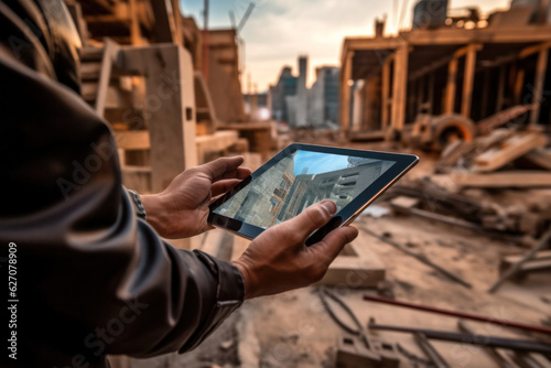 Technician's hands with a tablet on the background of a construction site.