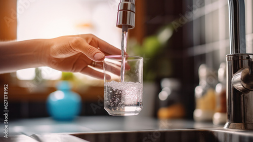 pour water into a glass from the tap. Clean drinking water: filling a glass cup from a kitchen faucet.