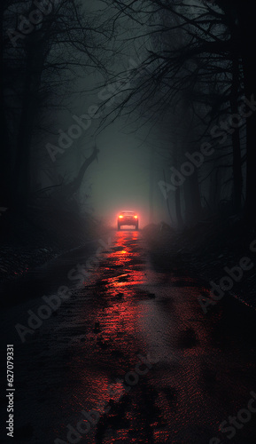 car with brake lights on at the end of a dark road