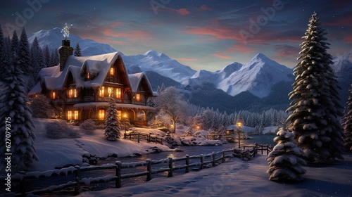 Christmas house in the snowy mountains. Generative AI