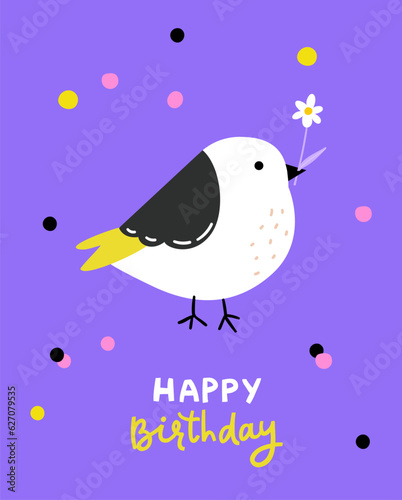 Happy birthday greeting card. Cute little bird with daisy flower on purple background and hand lettering text Happy Birthday