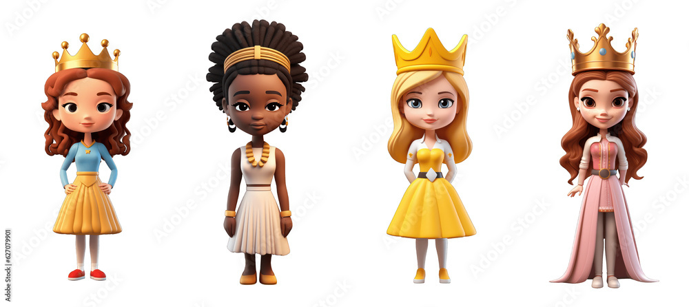 set of funny cartoon girl queen 3d avatar character
