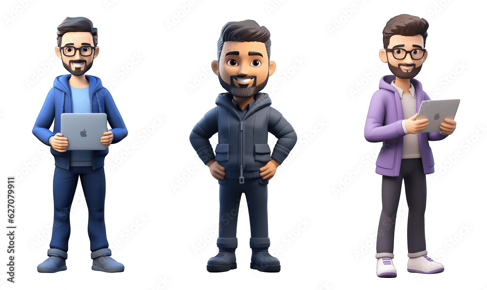 set of funny cartoon hipster software engineer 3d avatar character