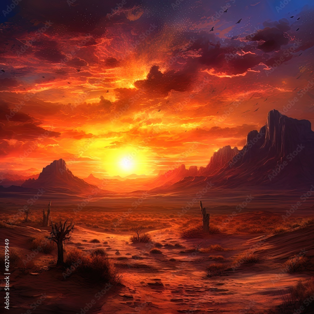 Fantasy mountain landscape, neon sunset. Generative AI
