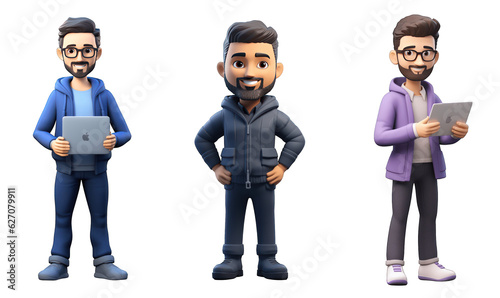 set of funny cartoon hipster software engineer 3d avatar character