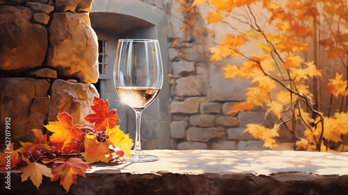  a glass of wine sitting on a table with autumn leaves.  generative ai