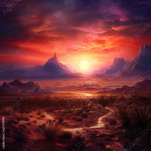 Fantasy mountain landscape, neon sunset. Generative AI