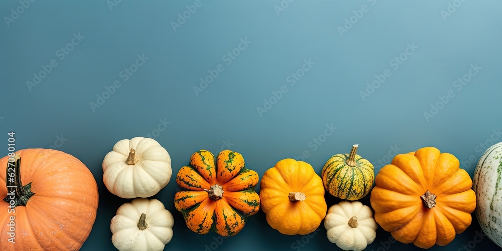 Many different pumpkins on a pastel background for the holiday Halloween day. Place for text. Generative AI Many different pumpkins on a pastel background for the holiday Halloween day. Place for text. Generative AI