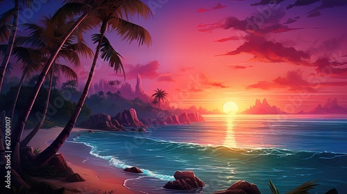 Fantasy seascape  neon sunset. Generative AI