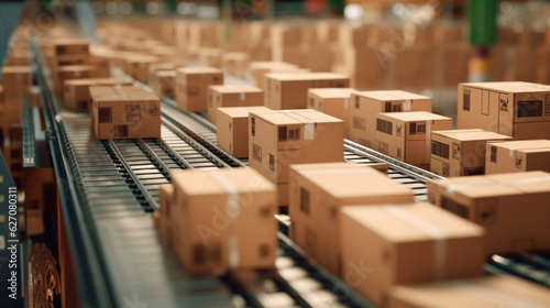 Closeup of multiple cardboard box packages seamlessly moving along a conveyor belt in a warehouse fulfillment center. Generative AI © Aram