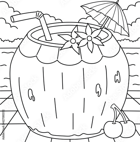 Coconut Drink Summer Coloring Page for Kids