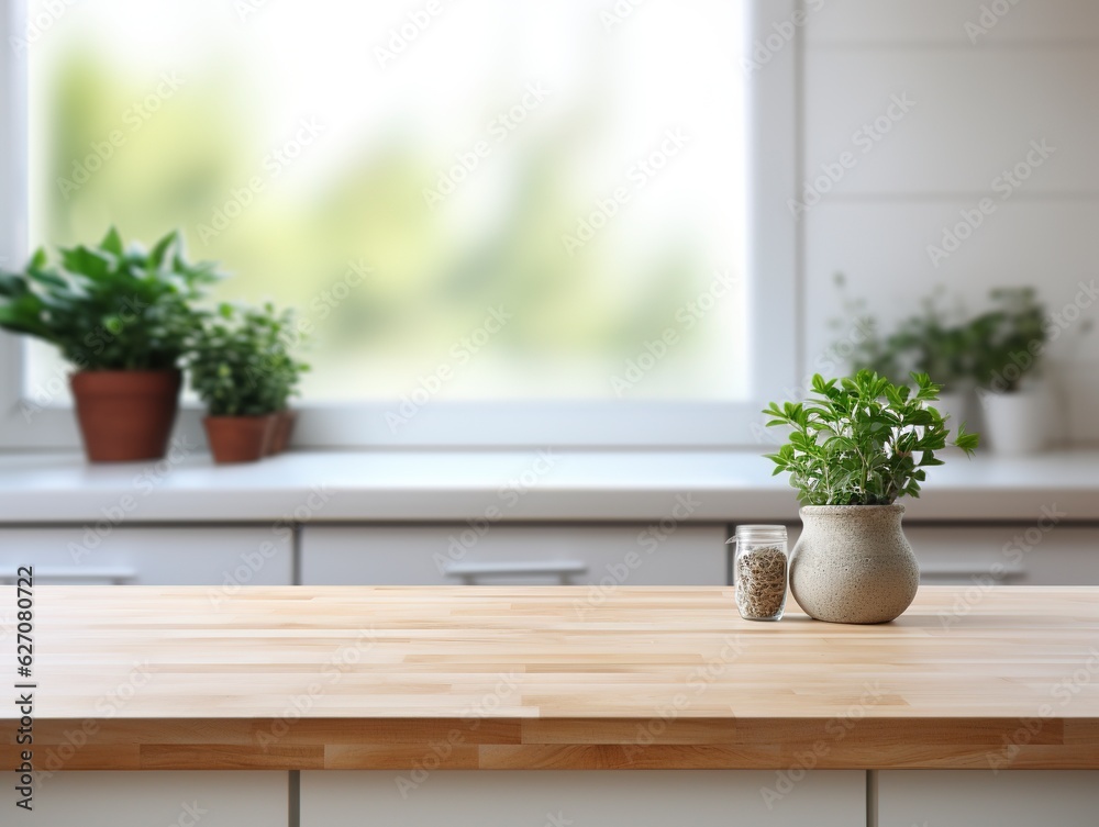 Empty wooden tabletop, bokeh view of modern kitchen interior. Product and food display Generative ai Empty wooden tabletop, bokeh view of modern kitchen interior. Product and food display Generative ai