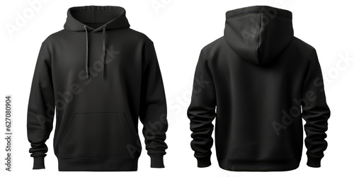 Blank black hoodie in front and back view, mockup, white background, generative ai