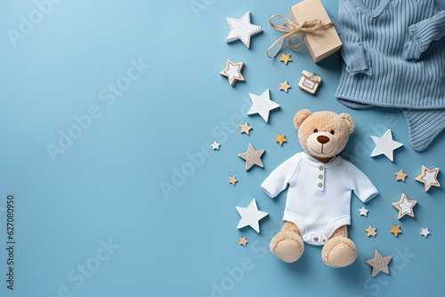 Sweet Announcemen with Teddy Bears and Baby Bodysuits on a Flat Lay with Soft Pastel Blue Background with space for text. Copy space - AI Generative photo