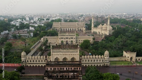 Husainabad Clock Tower and Bada Imambara India Architecture view from a drone