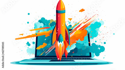 Digital illustration of laptop and rocket. Generative AI