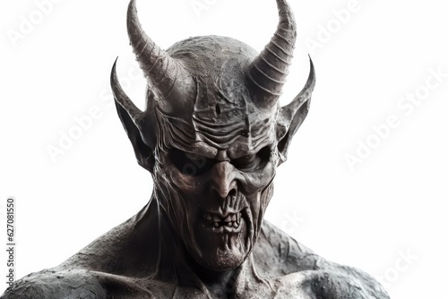 White statue of a devil with two large horns sitting on a base