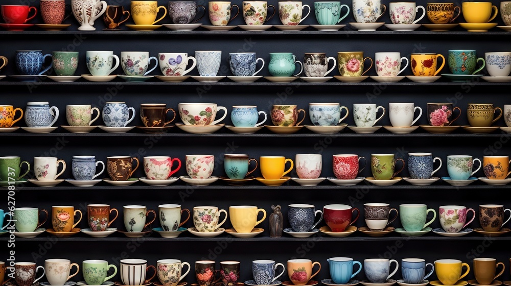 a shelf filled with lots of different colored coffee mugs. generative ai a shelf filled with lots of different colored coffee mugs. generative ai