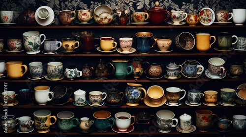  a shelf filled with lots of different kinds of coffee mugs. generative ai