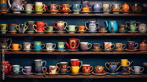 Wallpaper Mural  a shelf filled with lots of different colored coffee mugs.  generative ai Torontodigital.ca