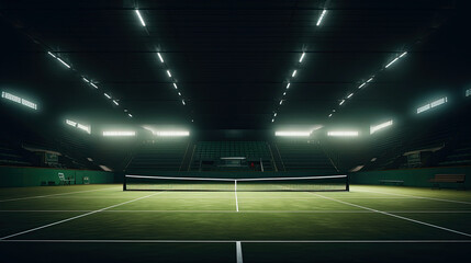 View of a tennis court with light from the spotlights over dark background