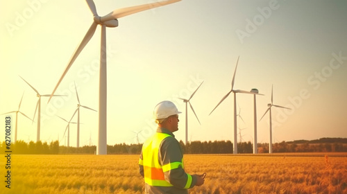 Engineer man working renewable wind energy plant. Generative AI