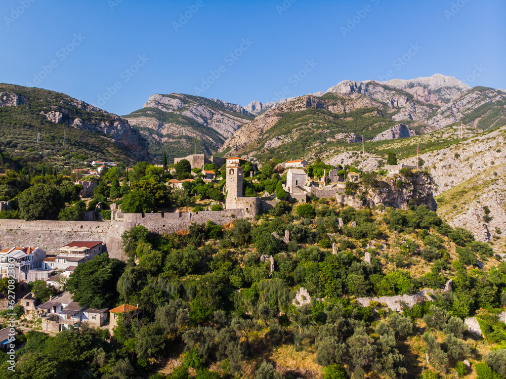 Stari Bar - ruined medieval city on Adriatic coast, Unesco World Heritage Site in Montenegro Aerial view