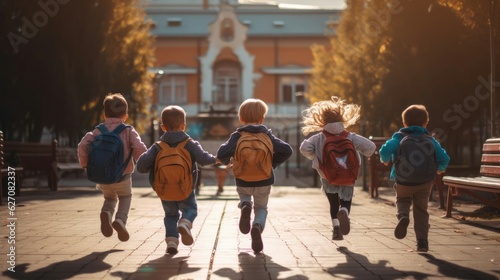 Group of elementary school kids running at school. Back to school concept.
