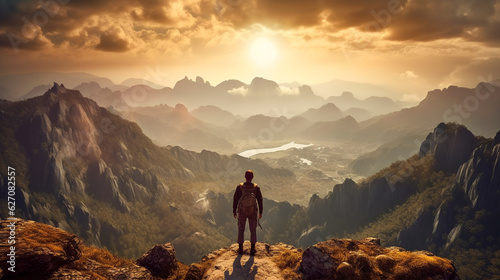 Hiker at the summit of a mountain overlooking a stunning view. Apex silhouette cliffs and valley landscape. Generative AI