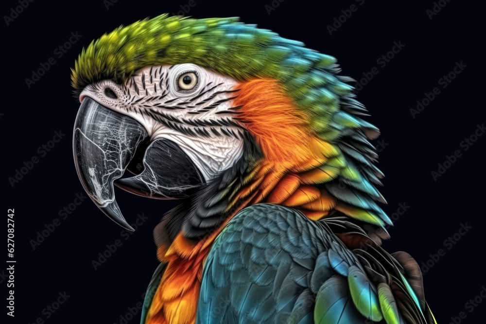 Obraz premium Beautiful colorful portrait of a parrot Macaw close-up isolated on a transparent background.