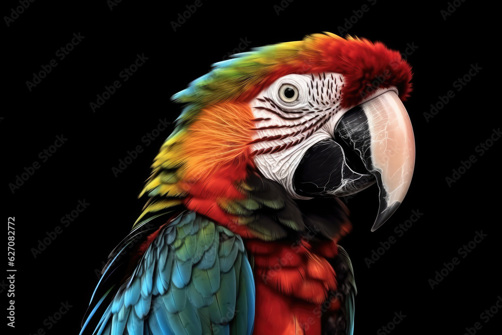 Beautiful colorful portrait of a parrot Macaw close-up isolated on a transparent background.