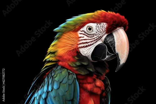 Beautiful colorful portrait of a parrot Macaw close-up isolated on a transparent background.