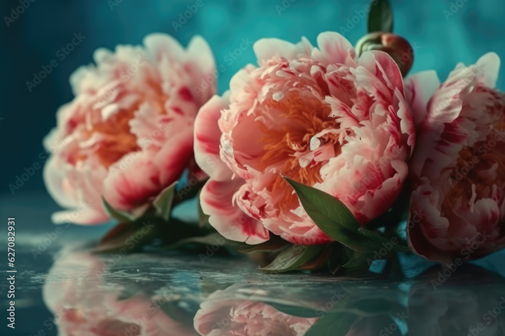 Beautiful pink large flowers peonies on a light blue turquoise background with blurry soft filter.