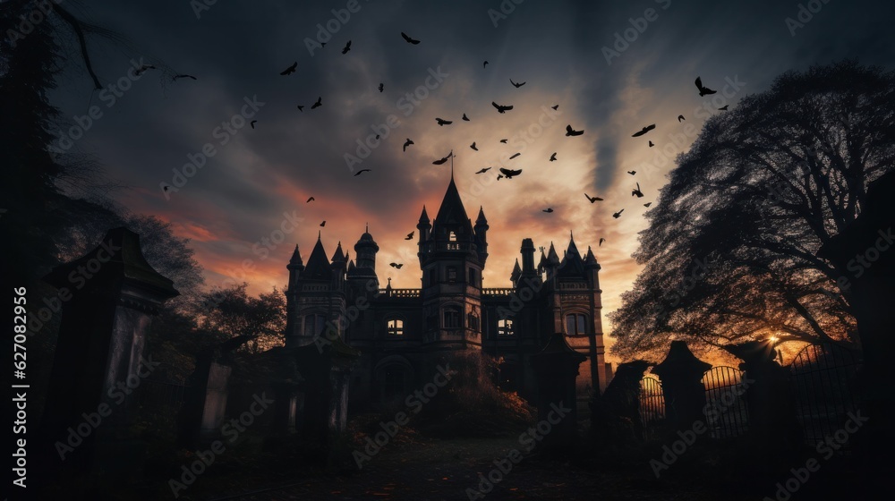 Creepy castle in the night with bats. Halloween concept