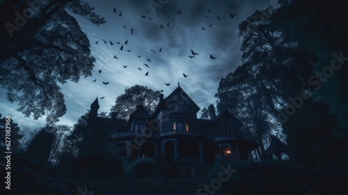 spooky halloween night scene with haunted house and bats © Generative Professor