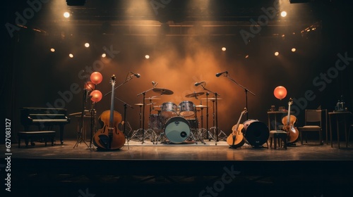 Empty rock concert stage with instruments and smoke