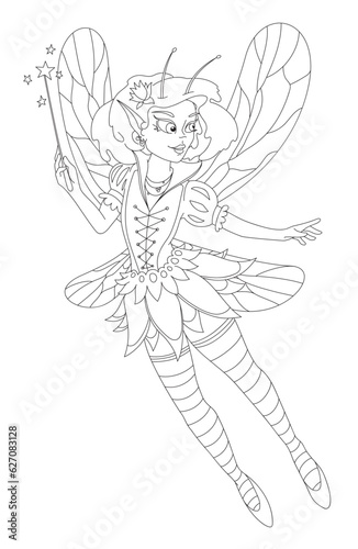 Cute little fairy girl with wings and a magic wand, outlined illustration on a white background, coloring page for children, cartoon vector illustration