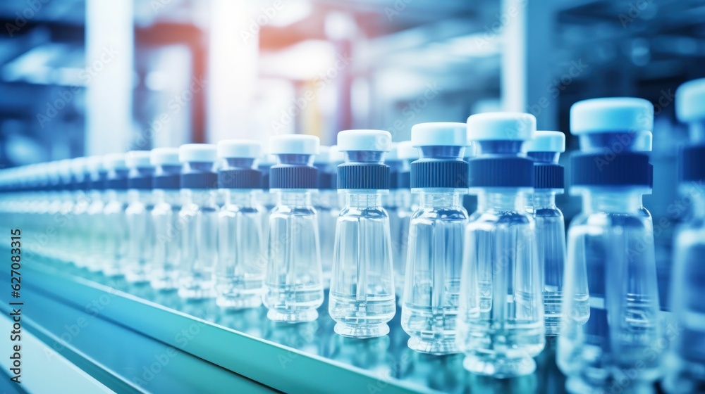 Medical vials at the production line at a pharmaceutical factory manufacturer. Pharmaceutical industry background. Medical vials at the production line at a pharmaceutical factory manufacturer. Pharmaceutical industry background.