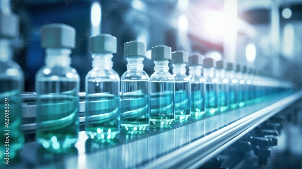 Medical vials bottles at the production line at a pharmaceutical factory. Pharmaceutical industry background. Medical vials bottles at the production line at a pharmaceutical factory. Pharmaceutical industry background.
