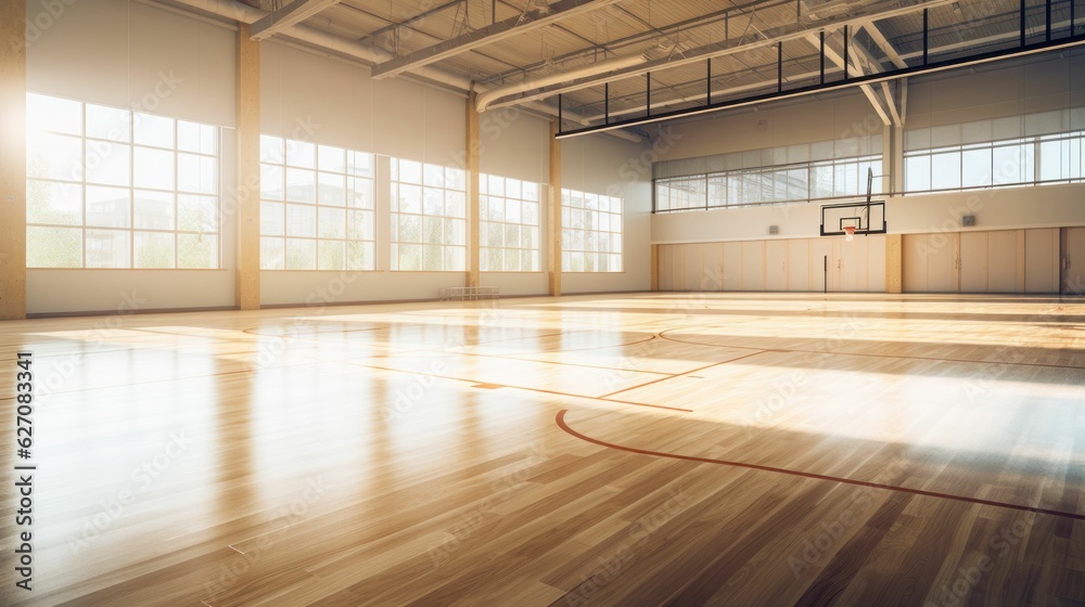 Light empty school basketball court with panoramic window - obrazy, fototapety, plakaty 
