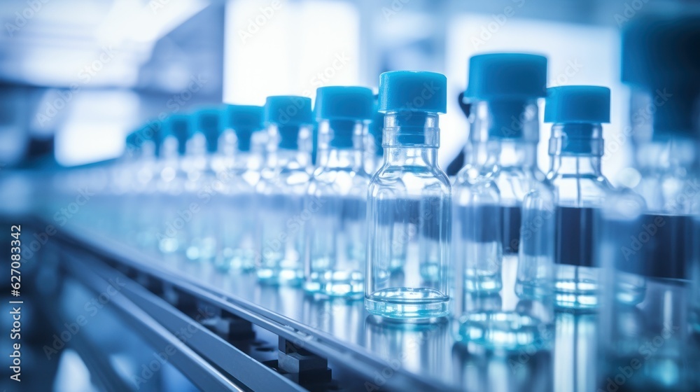 Medical vials at the production line at a pharmaceutical factory manufacturer. Pharmaceutical industry background.