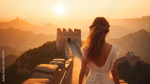 Girl in White Dress Standing on Great Wall of China at Sunset. Iconic Landmark Concept Ancient Marvel.