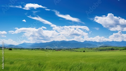 Panoramic natural landscape with green grass, mountains, and blue sky with clouds