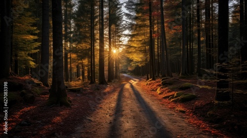 Ground road in the autumn forest at sunset