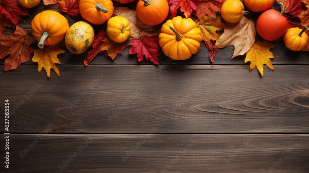 Autumn leaves and pumpkins on wooden background top view Autumn leaves and pumpkins on wooden background top view