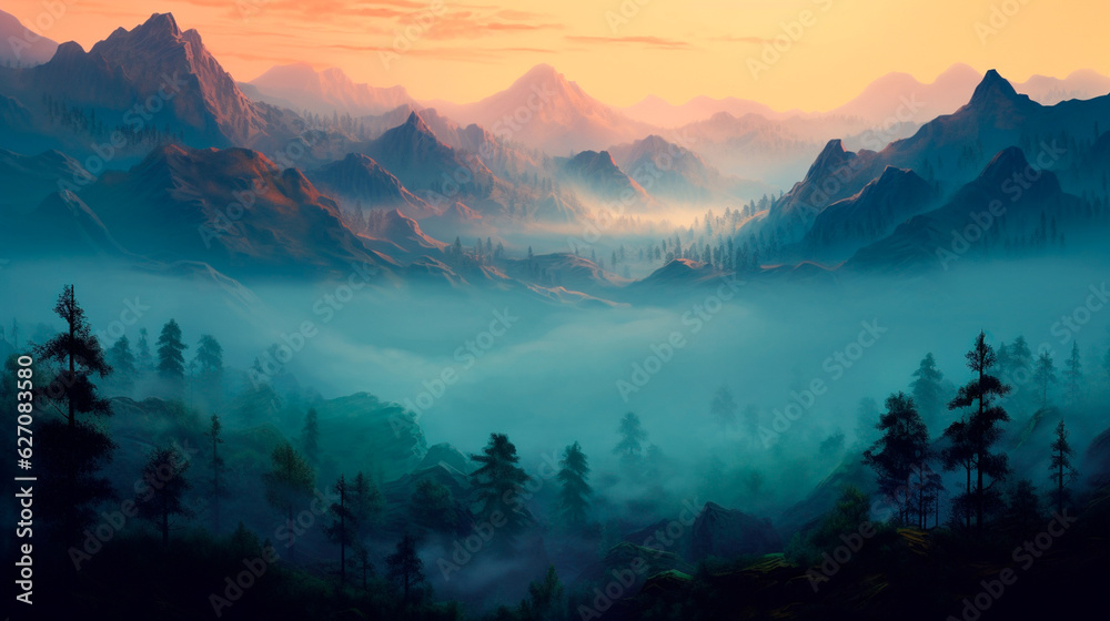 Mountains forest fog morning mystic. Generative AI