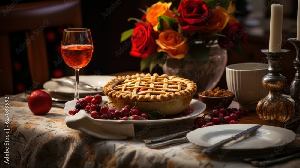 Thanksgiving pie on a festive dinner table with flowers and wine